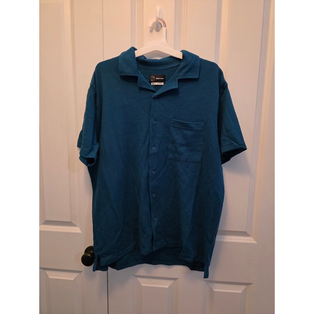 Original Use Mens XL Dark Teal Waffle Knit Short Sleeve Button Down Shirt
